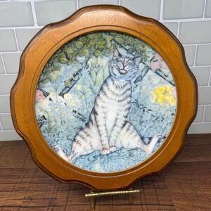 Vintage 1982 Zoë Stokes Framed Happy Cat Wall Plate • Cottagecore Decor